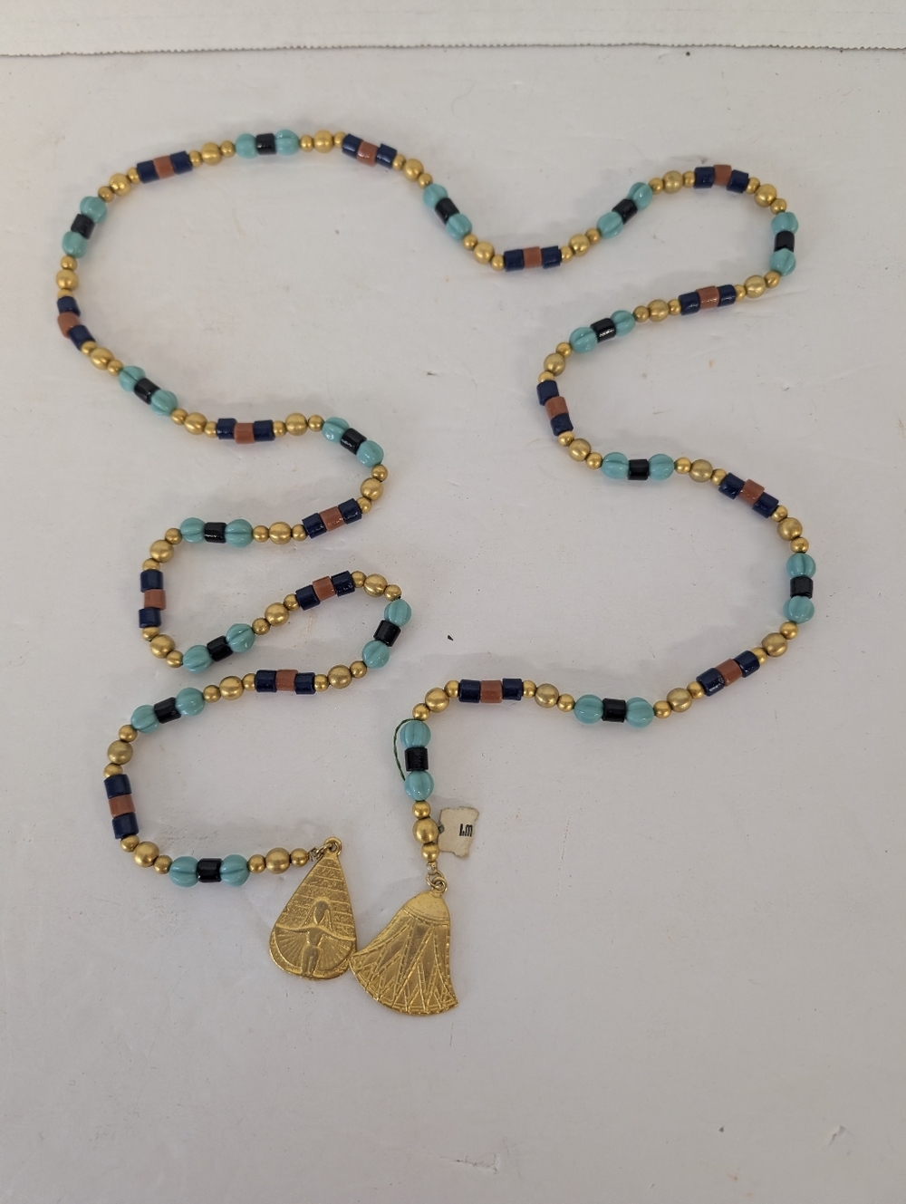 VINTAGE I.Magnin Turquoise & Navy Beaded Egyptian Pendant Necklace  Split Style